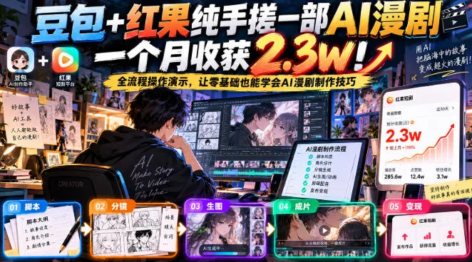 豆包+红果纯手搓一部AI漫剧一个月收获2.3w！全流程操作演示，让零基础也能学会AI漫剧制作技巧