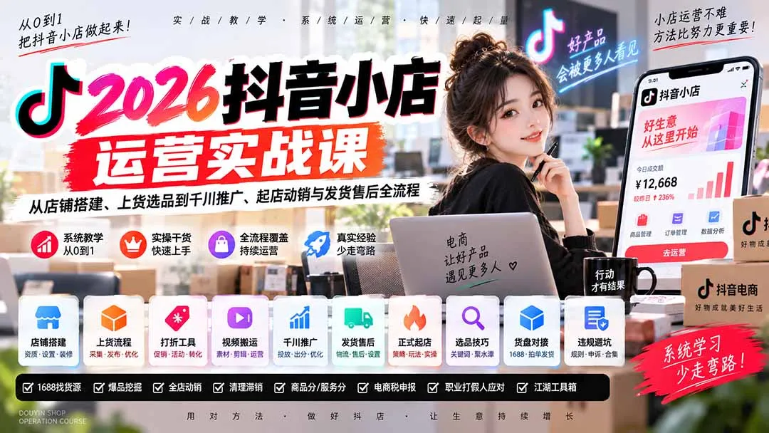 2026抖音小店运营实战课｜从店铺搭建、上货选品到千川推广、起店动销与发货售后全流程 1
