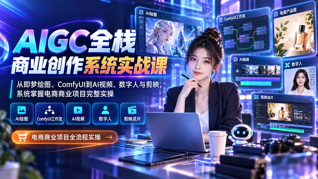 AIGC全栈商业创作系统实战课:从即梦绘图、ComfyUI到AI视频、数字人与剪映,系统掌握电商商业项目完整实操 1 AIGC全栈商业创作系统实战课:从即梦绘图、ComfyUI到AI视频、数字人与剪映,系统掌握电商商业项目完整实操 1