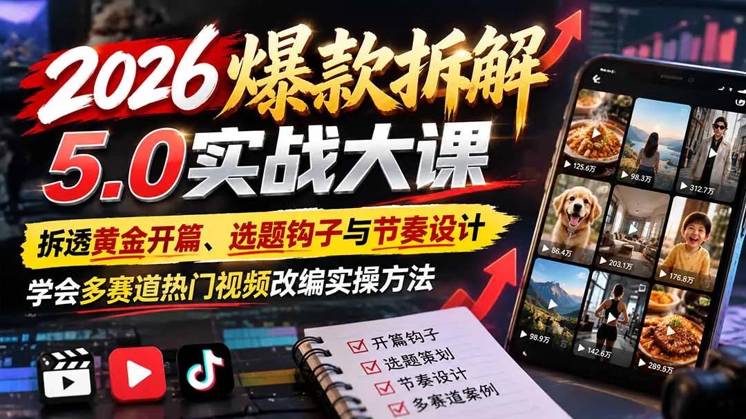 2026爆款拆解5.0实战大课:拆透黄金开篇、选题钩子与节奏设计,学会多赛道热门视频改编实操方法 1 2026爆款拆解5.0实战大课:拆透黄金开篇、选题钩子与节奏设计,学会多赛道热门视频改编实操方法 1
