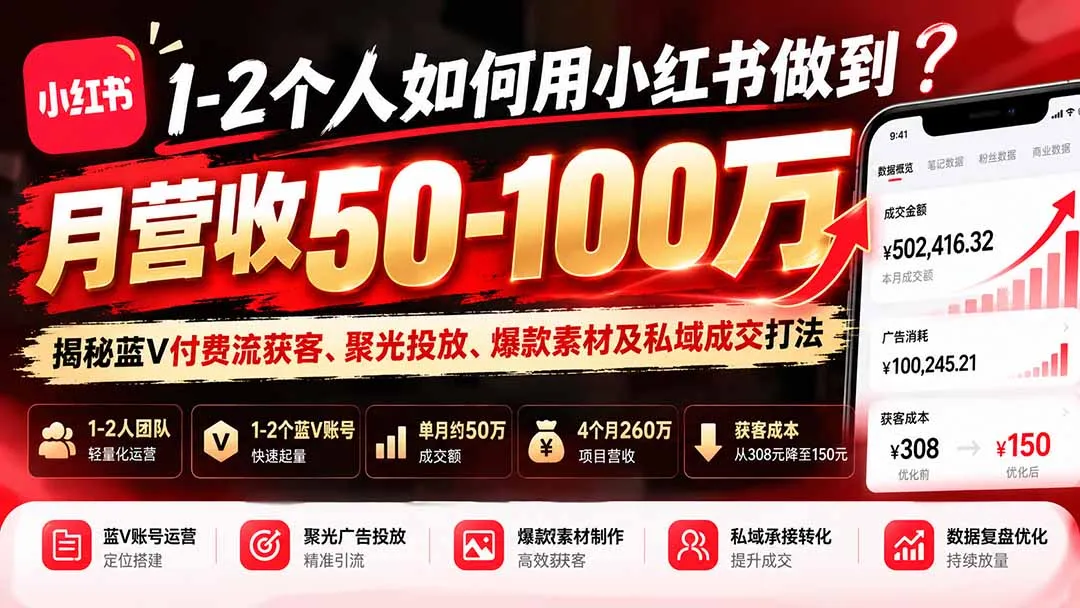 1-2个人如何用小红书做到月营收50-100万?揭秘蓝V付费流获客、聚光投放、爆款素材及私域成交打法 1 1-2个人如何用小红书做到月营收50-100万?揭秘蓝V付费流获客、聚光投放、爆款素材及私域成交打法 1