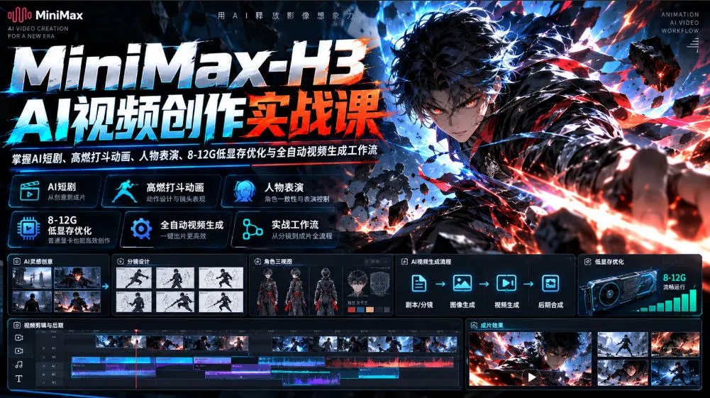 MiniMax-H3 AI视频创作实战课，掌握AI短剧、高燃打斗动画、人物表演、8-12G低显存优化与全自动视频生成工作流