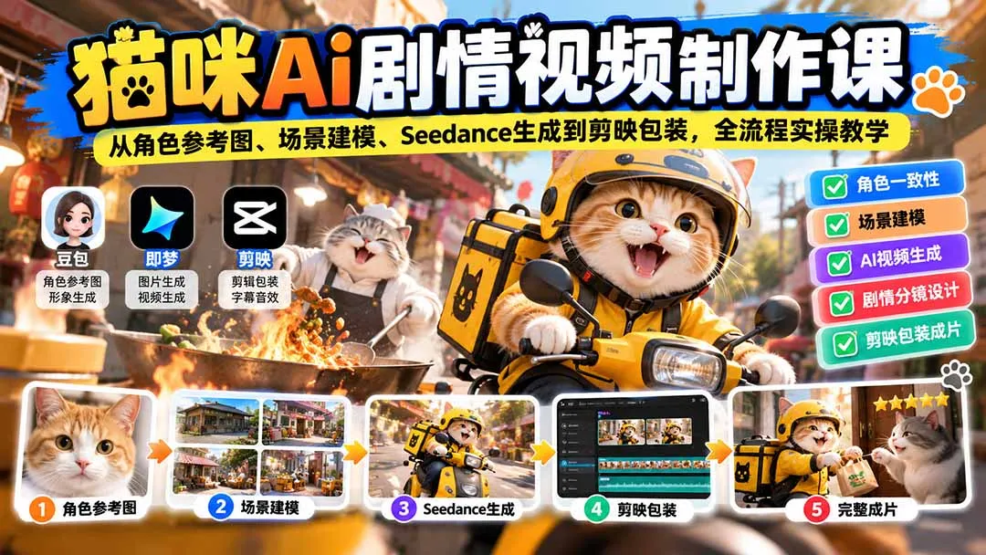 猫咪AI剧情视频制作课：从角色参考图、场景建模、Seedance生成到剪映包装，全流程实操教学 1
