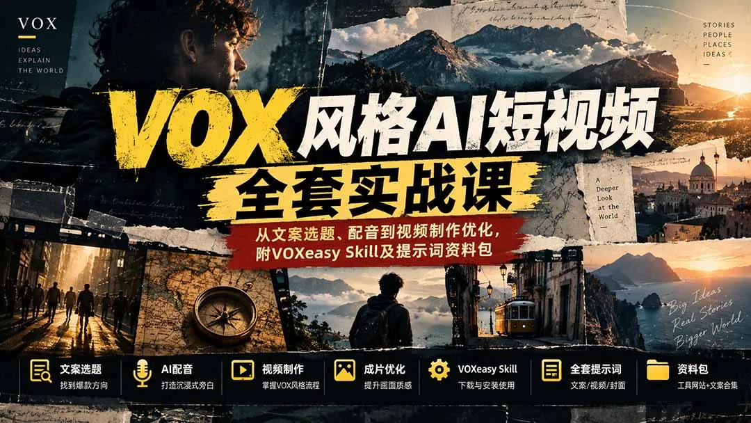 【无水印】VOX风格AI短视频全套实战课:从文案选题、配音到视频制作优化,附VOXeasy Skill及提示词资料包 1 【无水印】VOX风格AI短视频全套实战课:从文案选题、配音到视频制作优化,附VOXeasy Skill及提示词资料包 1