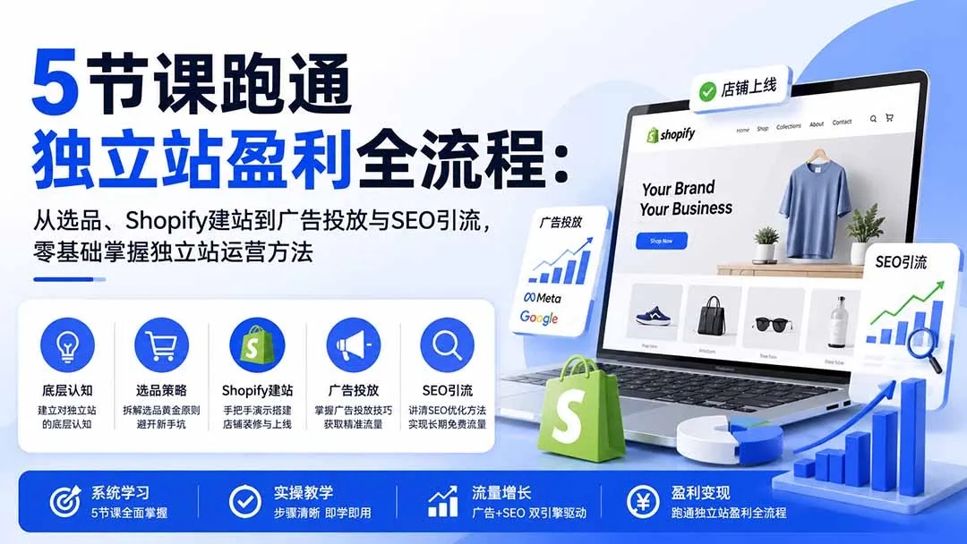 5节课跑通独立站盈利全流程：从选品、Shopify建站到广告投放与SEO引流，零基础掌握独立站运营方法