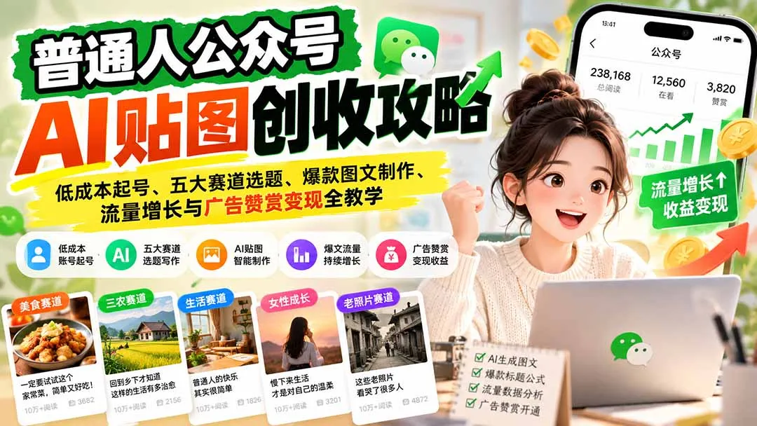 普通人公众号AI贴图创收攻略：低成本起号、五大赛道选题、爆款图文制作、流量增长与广告赞赏变现全教学 1