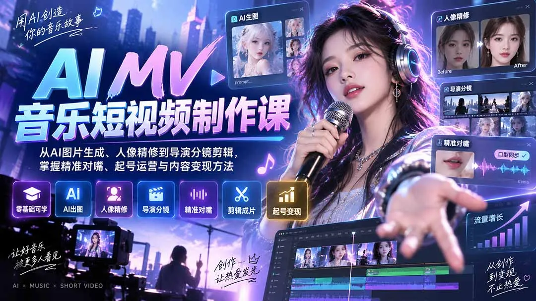 AI MV音乐短视频制作课:从AI图片生成、人像精修到导演分镜剪辑,掌握精准对嘴、起号运营与内容变现方法 1 AI MV音乐短视频制作课:从AI图片生成、人像精修到导演分镜剪辑,掌握精准对嘴、起号运营与内容变现方法 1