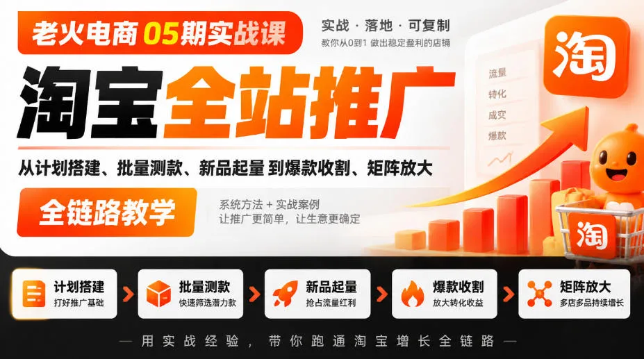 老火电商05期实战课｜淘宝全站推广从计划搭建、批量测款、新品起量到爆款收割、矩阵放大全链路教学