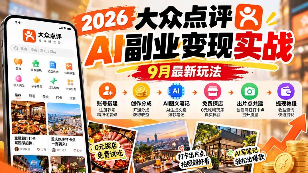 2026大众点评AI副业变现实战9月最新玩法:账号搭建+创作分成+AI图文笔记+免费探店+出片点共建与提现教程 1 2026大众点评AI副业变现实战9月最新玩法:账号搭建+创作分成+AI图文笔记+免费探店+出片点共建与提现教程 1