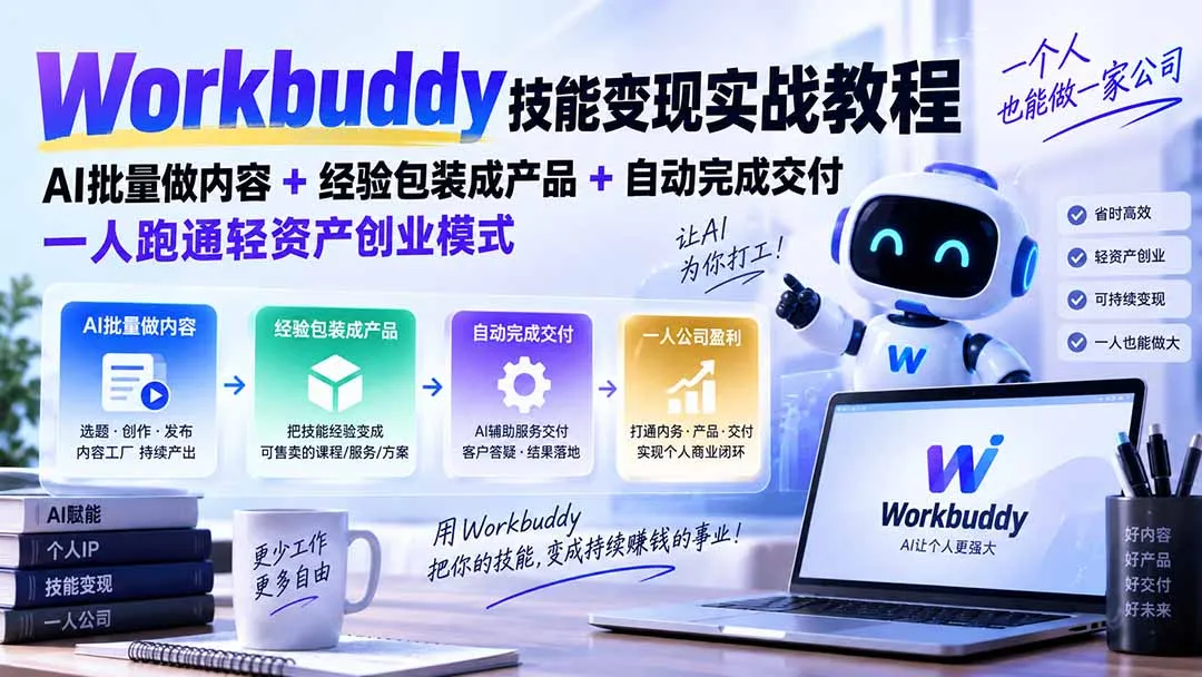 Workbuddy技能变现实战教程:AI批量做内容+经验包装成产品+自动完成交付,一人跑通轻资产创业模式 1 Workbuddy技能变现实战教程:AI批量做内容+经验包装成产品+自动完成交付,一人跑通轻资产创业模式 1