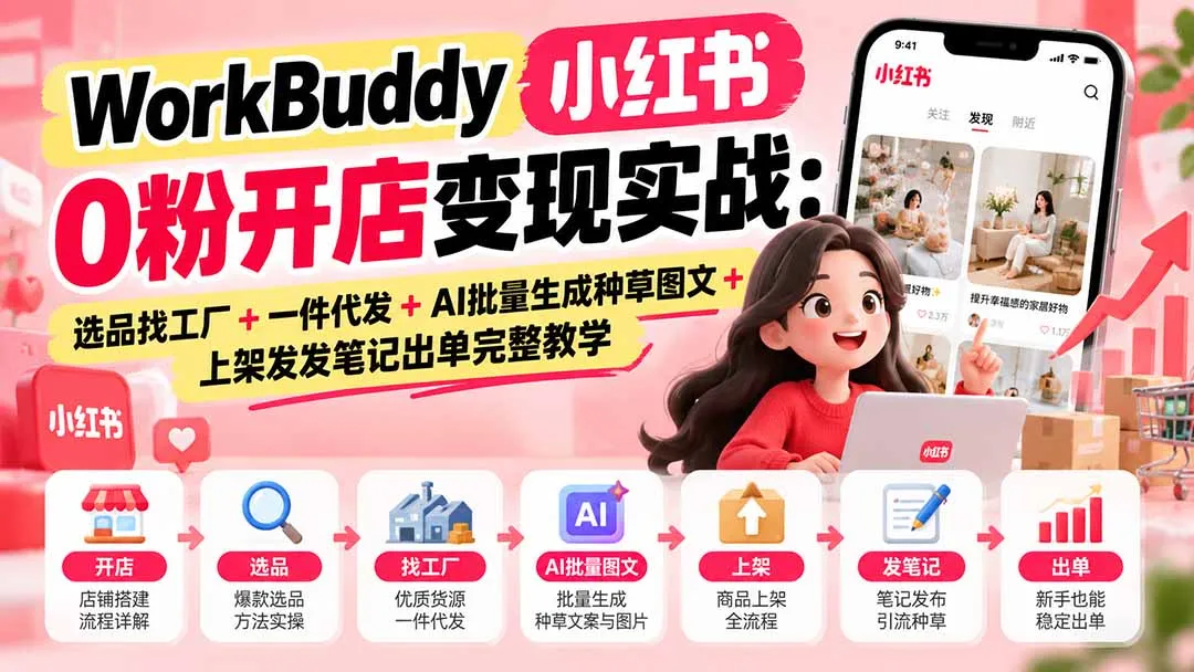 WorkBuddy小红书0粉开店变现实战：选品找工厂+一件代发+AI批量生成种草图文+上架发发笔记出单完整教学 1