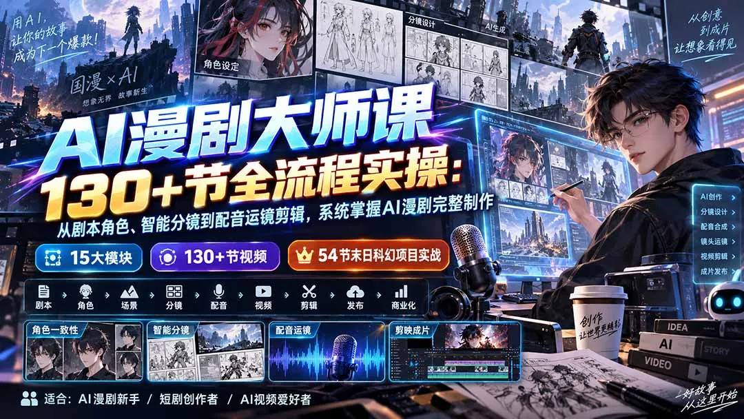 AI漫剧大师课130+节全流程实操:从剧本角色、智能分镜到配音运镜剪辑,系统掌握AI漫剧完整制作 1 AI漫剧大师课130+节全流程实操:从剧本角色、智能分镜到配音运镜剪辑,系统掌握AI漫剧完整制作 1
