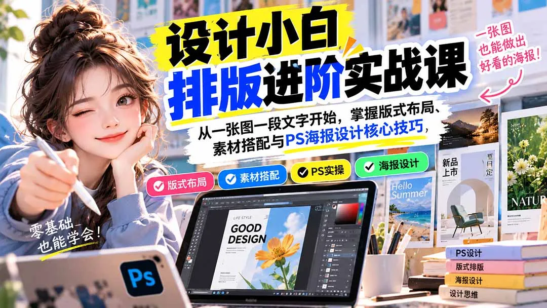 设计小白排版进阶实战课:从一张图一段文字开始,掌握版式布局、素材搭配与PS海报设计核心技巧 1 设计小白排版进阶实战课:从一张图一段文字开始,掌握版式布局、素材搭配与PS海报设计核心技巧 1