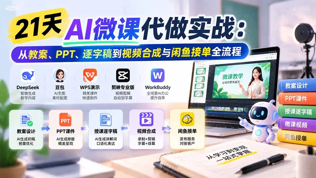 21天AI微课代做实战：从教案、PPT、逐字稿到视频合成与闲鱼接单全流程 1