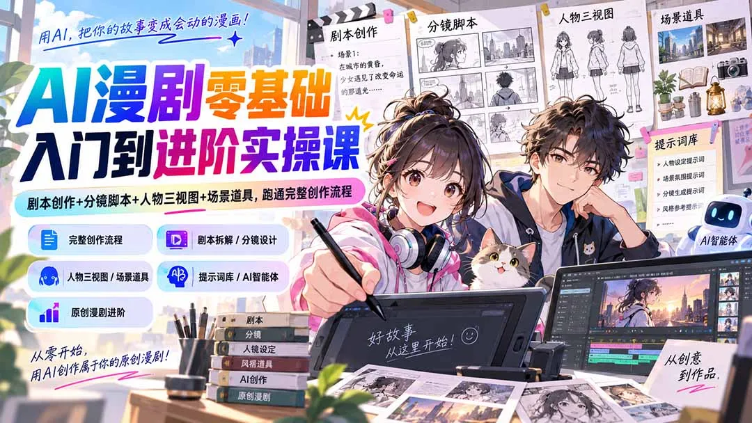 AI漫剧零基础入门到进阶实操课:剧本创作+分镜脚本+人物三视图+场景道具,跑通完整创作流程 1 AI漫剧零基础入门到进阶实操课:剧本创作+分镜脚本+人物三视图+场景道具,跑通完整创作流程 1