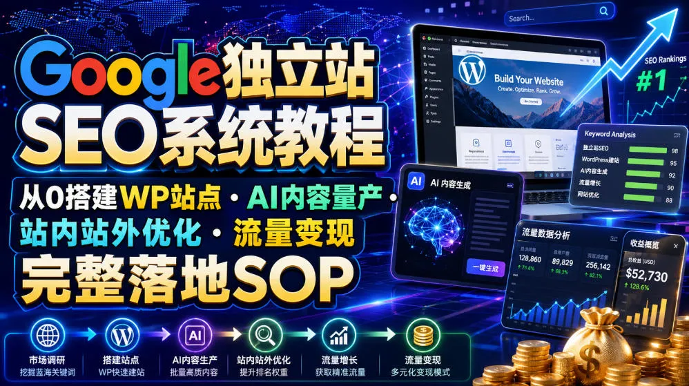 Google独立站SEO系统教程，从0搭建WP站点・AI内容量产・站内站外优化・流量变现完整落地SOP（2026年7月）