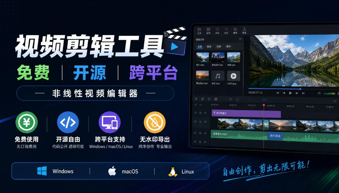 视频剪辑工具，免费、开源、跨平台，非线性视频编辑器，支持Windows、macOS、Linux，无水印、无订阅费用