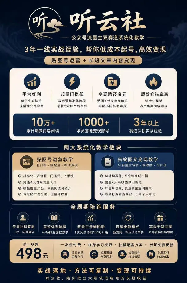 听云社公众号流量主双赛道系统化教学,3年一线实战经验,帮你低成本起号,高效变现,贴图号运营+长短文章内容变现 2 听云社公众号流量主双赛道系统化教学,3年一线实战经验,帮你低成本起号,高效变现,贴图号运营+长短文章内容变现