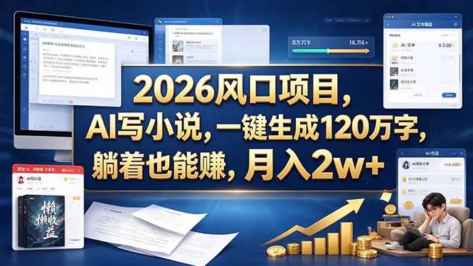2026 风口项目，AI 写小说，一键生成 120 万字，躺着也能赚，月入 2w +