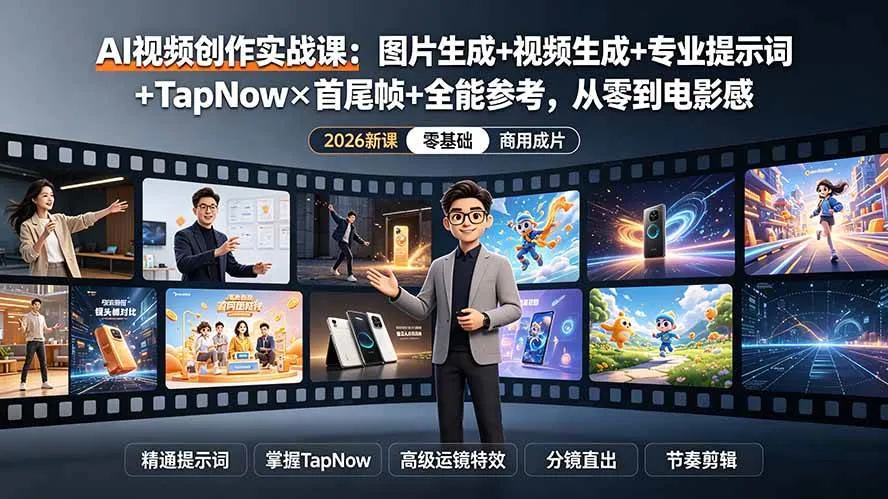 （19383期）AI视频创作实战课：图片生成+视频生成+专业提示词+TapNow×首尾帧+全能参考，从零到电影感成片