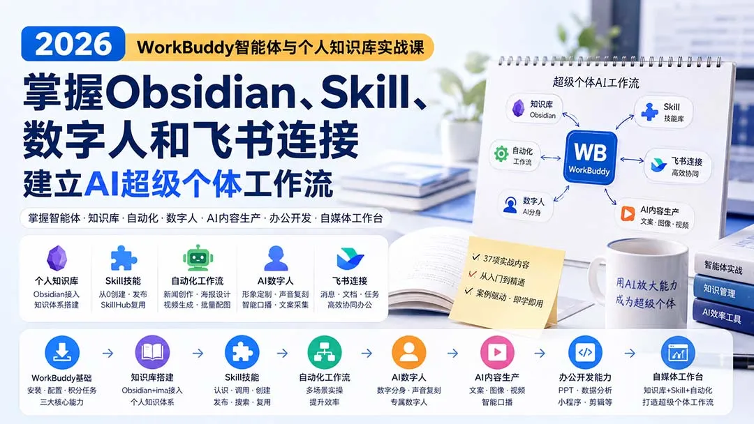2026 WorkBuddy智能体与个人知识库实战课：掌握Obsidian、Skill、数字人和飞书连接，建立AI超级个体工作流