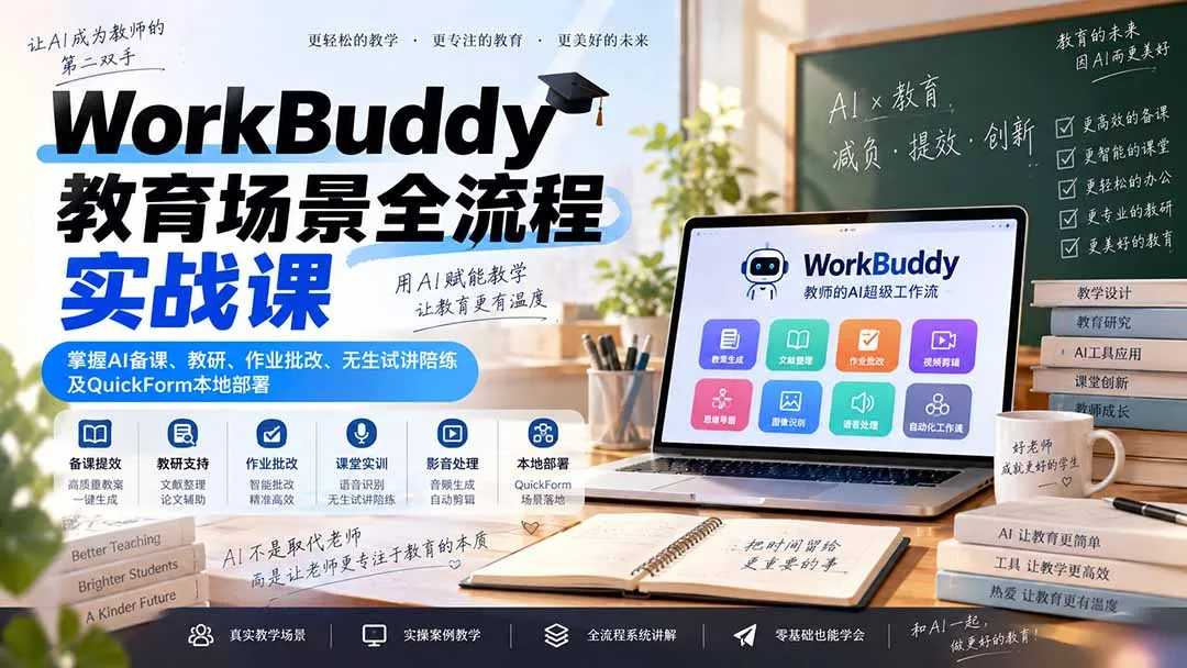 WorkBuddy教育场景全流程实战课:掌握AI备课、教研、作业批改、无生试讲陪练及QuickForm本地部署 1 WorkBuddy教育场景全流程实战课:掌握AI备课、教研、作业批改、无生试讲陪练及QuickForm本地部署 1