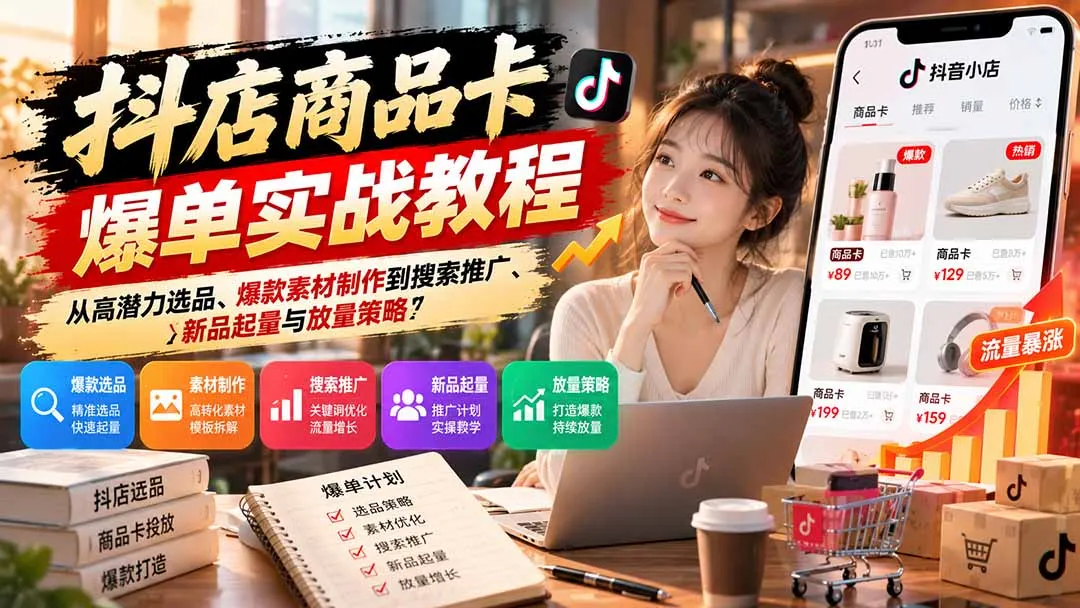 抖店商品卡爆单实战教程：从高潜力选品、爆款素材制作到搜索推广、新品起量与放量策略 1