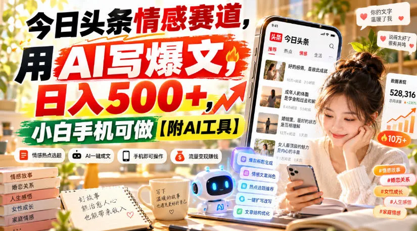 今日头条情感赛道,用AI写爆文,日入500+,小白手机可做【附AI工具】 1 今日头条情感赛道,用AI写爆文,日入500+,小白手机可做【附AI工具】