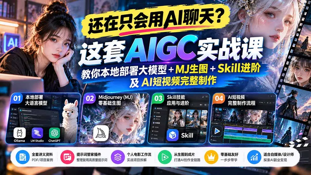 【无水印】还在只会用AI聊天?这套AIGC实战课教你本地部署大模型+MJ生图+Skill进阶及AI短视频完整制作 1 【无水印】还在只会用AI聊天?这套AIGC实战课教你本地部署大模型+MJ生图+Skill进阶及AI短视频完整制作 1