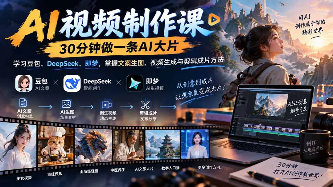 AI视频制作课-30分钟做一条AI大片:学习豆包、DeepSeek、即梦,掌握文案生图、视频生成与剪辑成片方法 1 AI视频制作课-30分钟做一条AI大片:学习豆包、DeepSeek、即梦,掌握文案生图、视频生成与剪辑成片方法 1