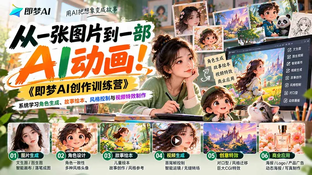 【无水印】从一张图片到一部AI动画！《即梦AI创作训练营》系统学习角色生成、故事绘本、风格控制与视频特效制作 1