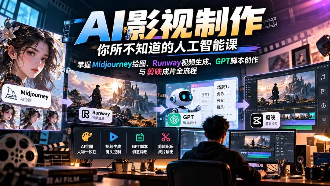 【无水印】AI影视制作-你所不知道的人工智能课，掌握Midjourney绘图、Runway视频生成、GPT脚本创作与剪映成片全流程