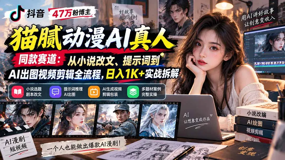 抖音47万粉博主猫腻动漫AI真人同款赛道:从小说改文、提示词到AI出图视频剪辑全流程,日入1K+实战拆解 1 抖音47万粉博主猫腻动漫AI真人同款赛道:从小说改文、提示词到AI出图视频剪辑全流程,日入1K+实战拆解 1
