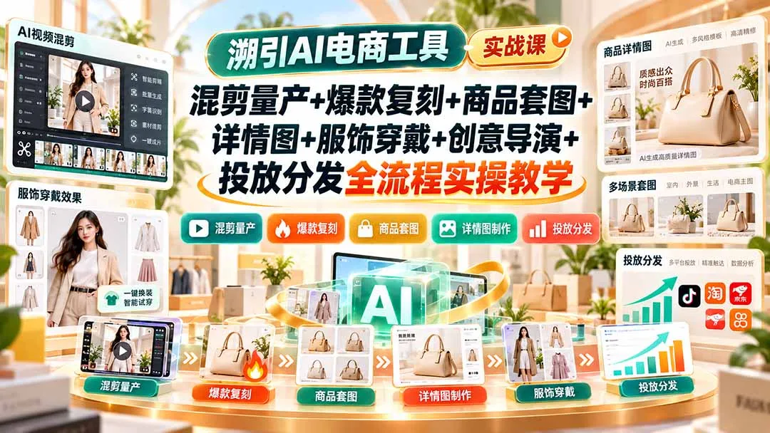 溯引AI电商工具实战课：混剪量产+爆款复刻+商品套图+详情图+服饰穿戴+创意导演+投放分发全流程实操教学