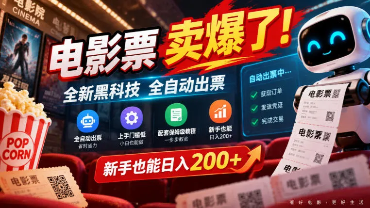 电影票卖爆了，全新黑科技全自动出票，上手门槛低，配套保姆级教程，新手也能日入200+【揭秘】