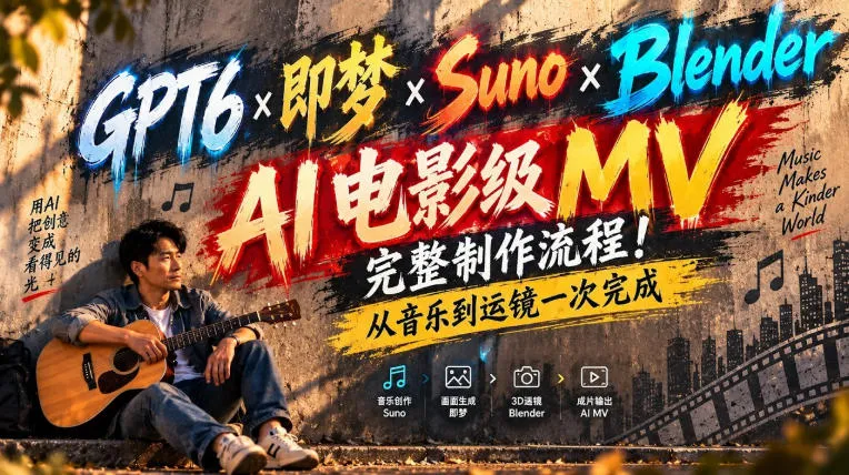 GPT6×即梦×Suno×Blender|AI电影级MV完整制作流程!从音乐到运镜一次完成!