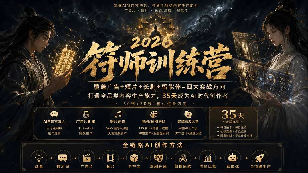 符师训练营-35天成为AI时代创作者，广告+短片+漫剧+智能体四大实战方向，掌握从创意到上线的完整工作流 2