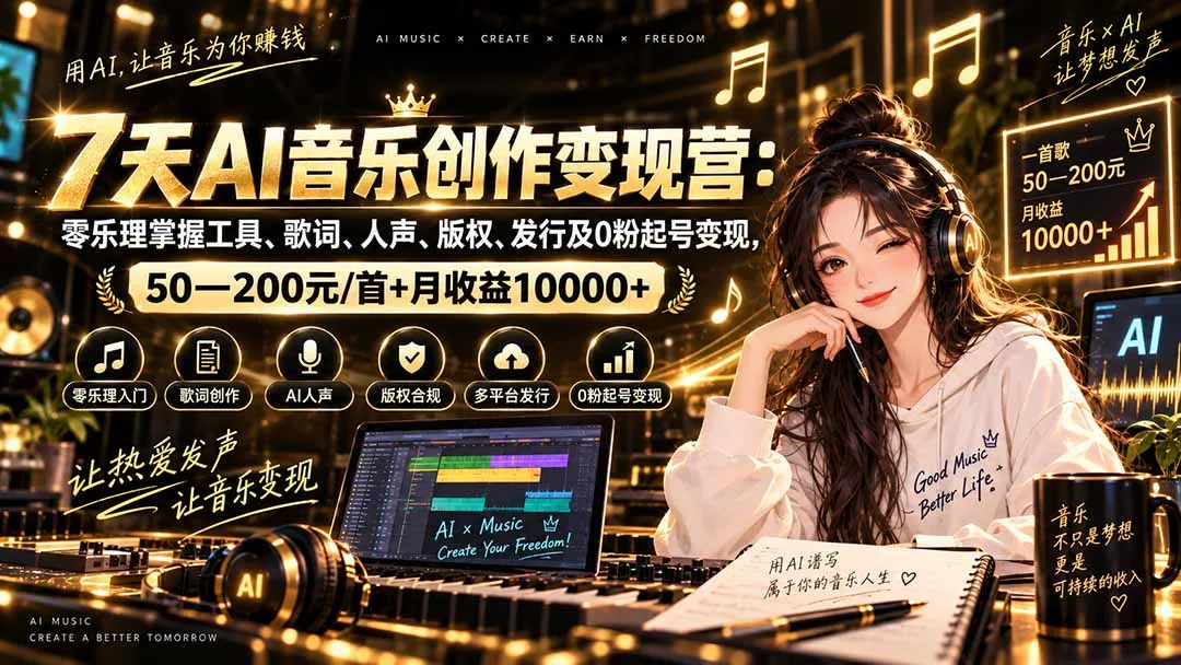 AI音乐创作变现营:零乐理掌握工具、歌词、人声、版权、发行及0粉起号变现,50—200元/首+月收益10000+ 1 AI音乐创作变现营:零乐理掌握工具、歌词、人声、版权、发行及0粉起号变现,50—200元/首+月收益10000+ 1