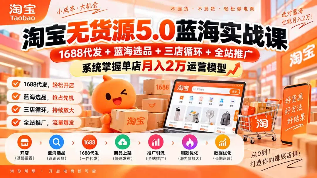 淘宝无货源5.0蓝海实战课-更新:1688代发+蓝海选品+三店循环+全站推广,系统掌握单店月入2万运营模型 1 淘宝无货源5.0蓝海实战课-更新:1688代发+蓝海选品+三店循环+全站推广,系统掌握单店月入2万运营模型 1