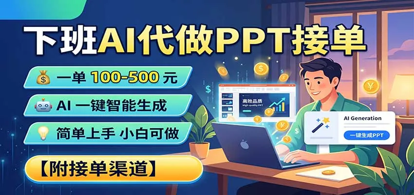 下班AI代做PPT接单，一单100-500，AI一键生成，小白也能做，附接单渠道