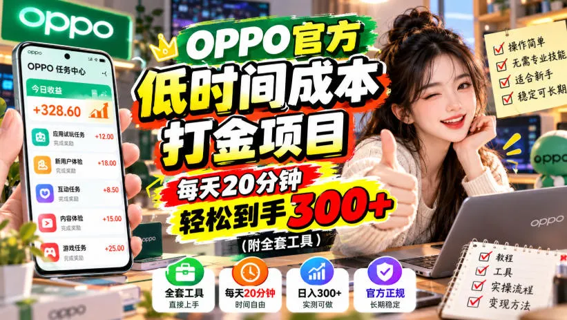 OPPO官方低时间成本打金项目，每天20分钟，轻松到手300+(附全套工具)【揭秘】
