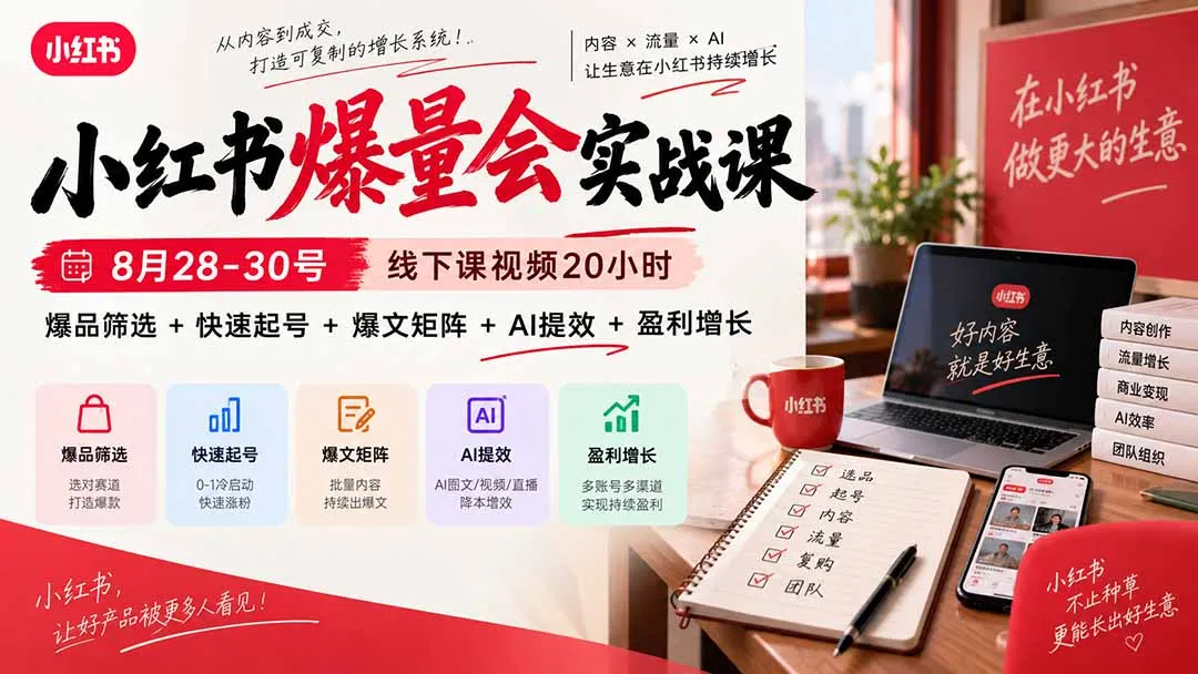 小红书爆量会实战课:8月28-30号线下课视频20小时,爆品筛选+快速起号+爆文矩阵+AI提效+盈利增长 1 小红书爆量会实战课:8月28-30号线下课视频20小时,爆品筛选+快速起号+爆文矩阵+AI提效+盈利增长 1