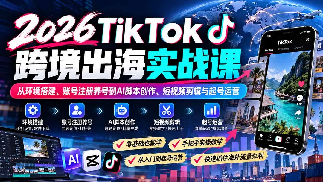 2026TikTok跨境出海实战课：从环境搭建、账号注册养号到AI脚本创作、短视频剪辑与起号运营 1