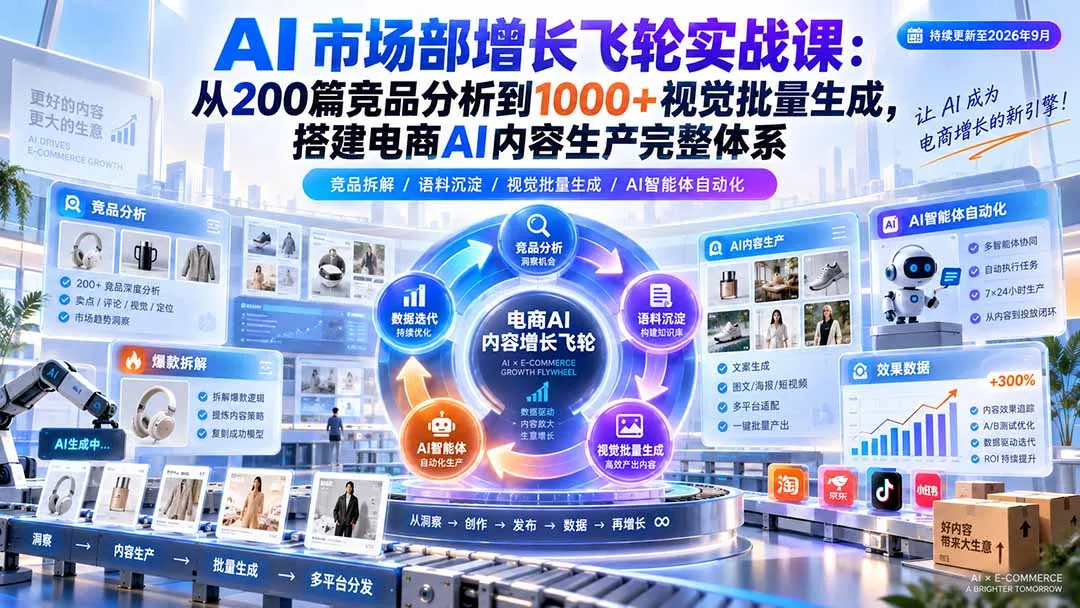 AI 市场部增长飞轮实战课:从200篇竞品分析到1000+视觉批量生成,搭建电商AI内容生产完整体系 1 AI 市场部增长飞轮实战课:从200篇竞品分析到1000+视觉批量生成,搭建电商AI内容生产完整体系 1