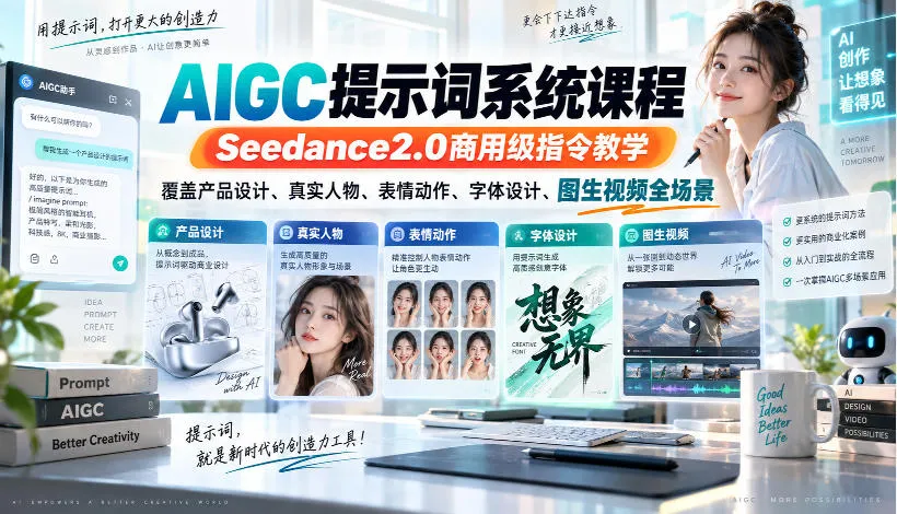 AIGC提示词系统课程,Seedance2.0商用级指令教学,覆盖产品设计、真实人物、表情动作、字体设计、图生视频全场景