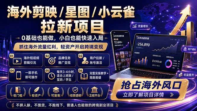 （18567期）海外剪映 / 星图 / 小云雀拉新项目 普通人也能上手的跨境流量变现副业