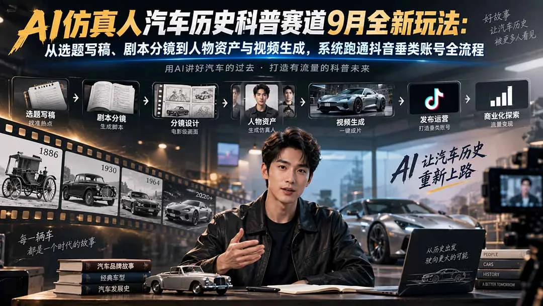 AI仿真人汽车历史科普赛道9月全新玩法:从选题写稿、剧本分镜到人物资产与视频生成,系统跑通抖音垂类账号全流程 1 AI仿真人汽车历史科普赛道9月全新玩法:从选题写稿、剧本分镜到人物资产与视频生成,系统跑通抖音垂类账号全流程 1