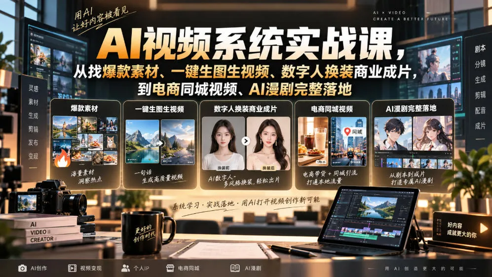 AI视频系统实战课，从找爆款素材、一键生图生视频、数字人换装商业成片，到电商同城视频、AI漫剧完整落地