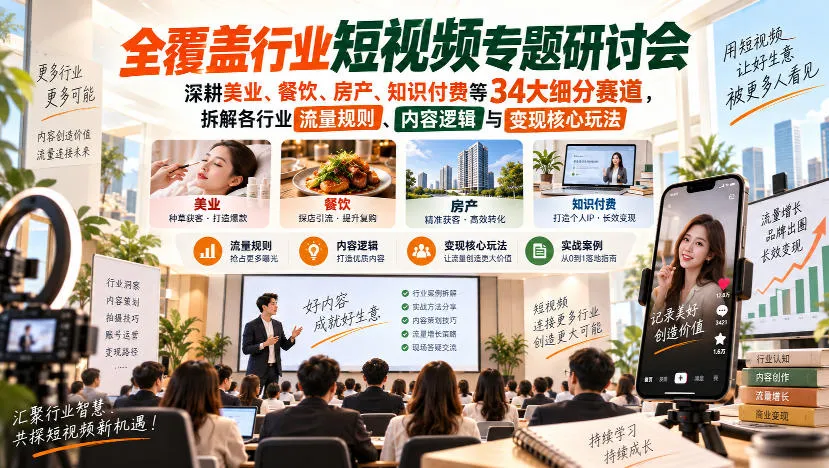短视频专题研讨会，深耕美业、餐饮、房产、知识付费等34大细分赛道，拆解各行业流量规则、内容逻辑与变现核心玩法(更新1011)