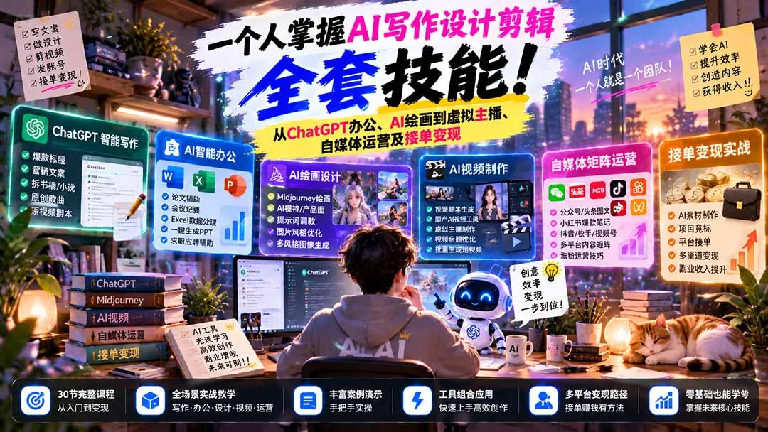一个人掌握AI写作设计剪辑全套技能:从ChatGPT办公、AI绘画到虚拟主播、自媒体运营及接单变现 1 一个人掌握AI写作设计剪辑全套技能:从ChatGPT办公、AI绘画到虚拟主播、自媒体运营及接单变现 1